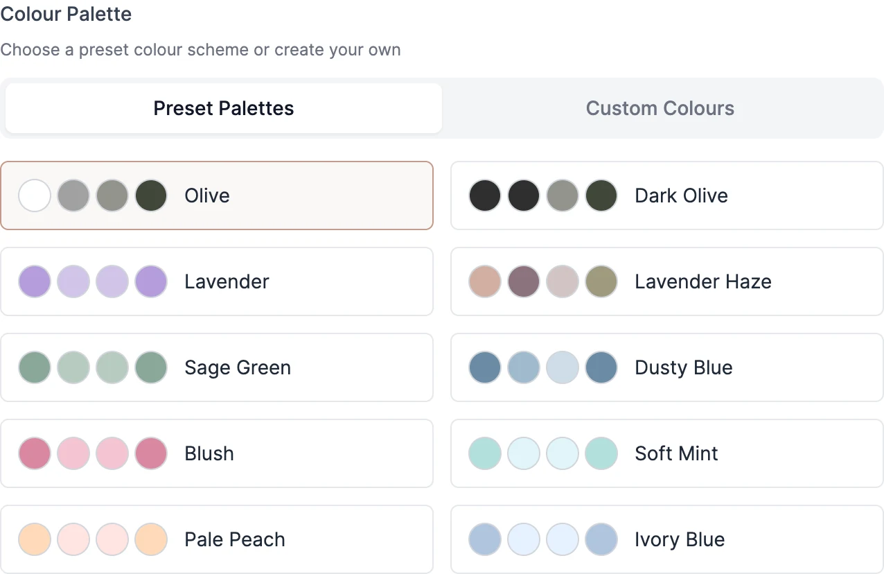 Wedding website colour customisation