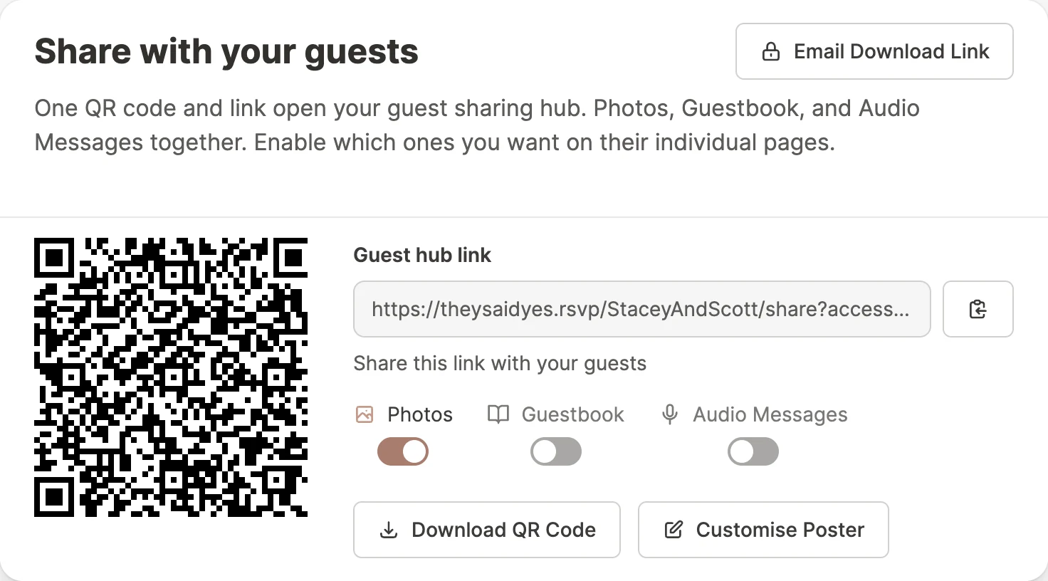 Sharing hub settings with separate toggles for photos, guestbook, and voice messages