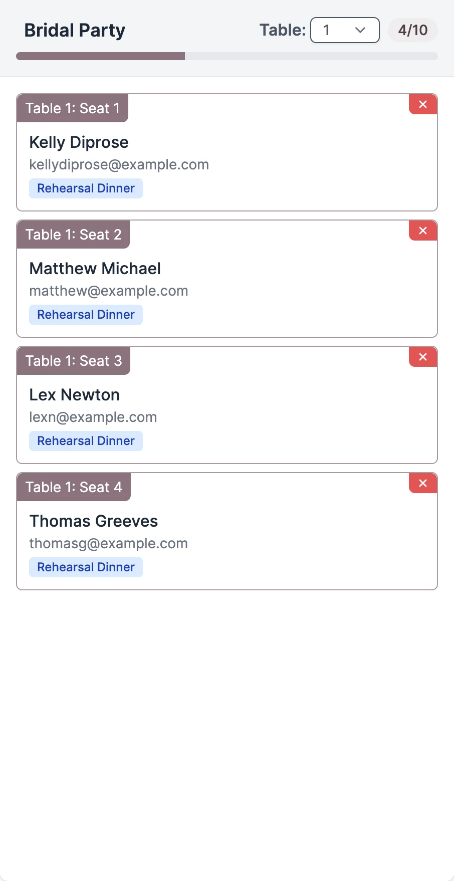 Table assignment with seated guests