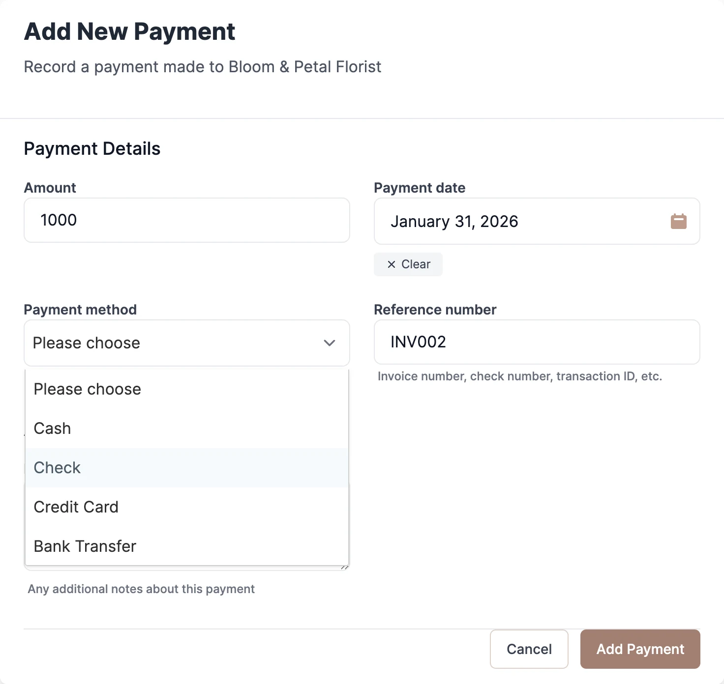 Adding a payment to vendor